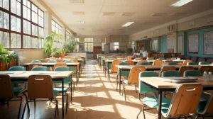 A brightly lit classroom with large windows, wooden desks, and green chairs arranged in rows. Potted plants decorate the window sills, and there are bookshelves lining the walls. Sunlight creates patterns on the wooden floor.