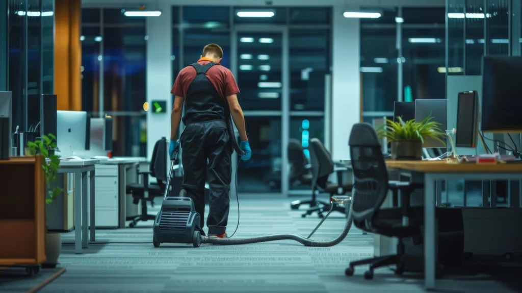 A contractor in work attire is vacuuming the floor of an empty, modern office space with large windows, ergonomic chairs, and computer desks. The well-lit environment features a potted plant decorating one of the desks.