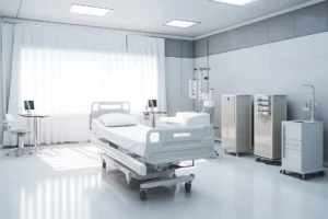 A modern hospital room with a clean bed, white walls, and large windows letting in natural light. The room features medical equipment, a mobile cabinet, and two metal storage units on the right side.