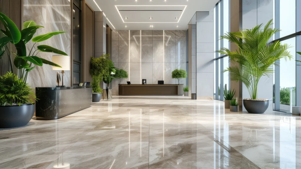 A modern hotel lobby with marble floors, large floor-to-ceiling windows, and sleek reception desks at the back. The space is decorated with various potted plants, creating a bright and welcoming atmosphere.