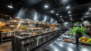 A modern, industrial kitchen featuring stainless steel appliances, countertops, and ventilation hoods. Fresh herbs and vegetables are arranged on the counters. Shelving with various kitchen tools is visible in the background.