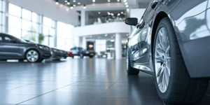 A sleek car is prominently displayed in a modern, brightly lit car showroom with a polished floor. Other vehicles are seen in the background, and an upper-level section with more cars is visible.