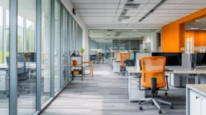 Modern, open-plan office with glass walls, featuring desks and orange ergonomic chairs. The space is bright and spacious, with greenery visible outside the windows. A few desks have computers and office supplies.