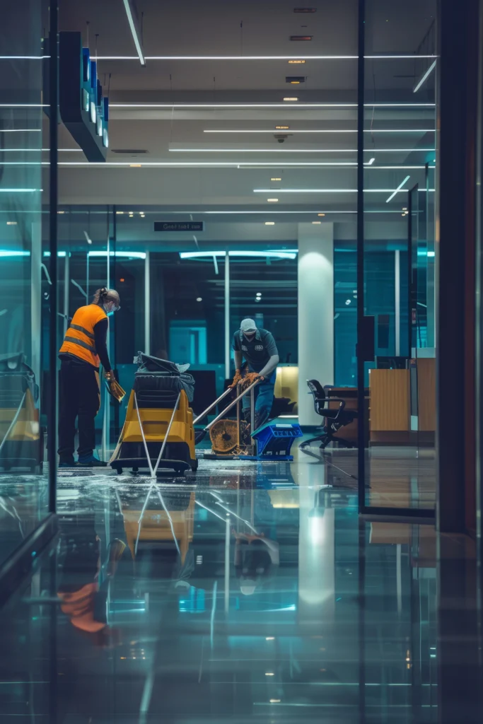 Two contractor cleaning workers in safety vests clean a shiny, reflective office floor using mops and cleaning equipment. The scene is illuminated by modern overhead lighting, with reflections clearly visible on the floor.