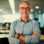 A confident middle-aged man with glasses and gray hair stands in a modern office, smiling with arms crossed. He's wearing a light blue shirt and a black watch, and the office environment is blurred in the background.