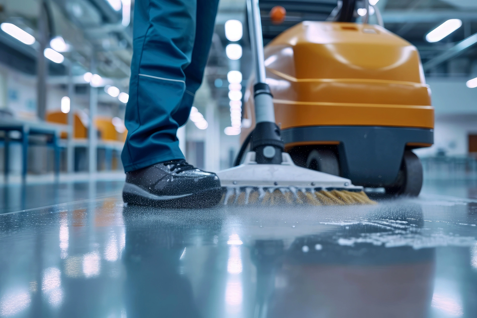 A person operates an industrial cleaning machine on a shiny, polished surface. The machine is orange and black, and the individual is wearing blue pants and black shoes. The background suggests a bustling professional environment.