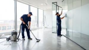 Post-construction final clean crew vacuuming floors and cleaning glass in a newly renovated office