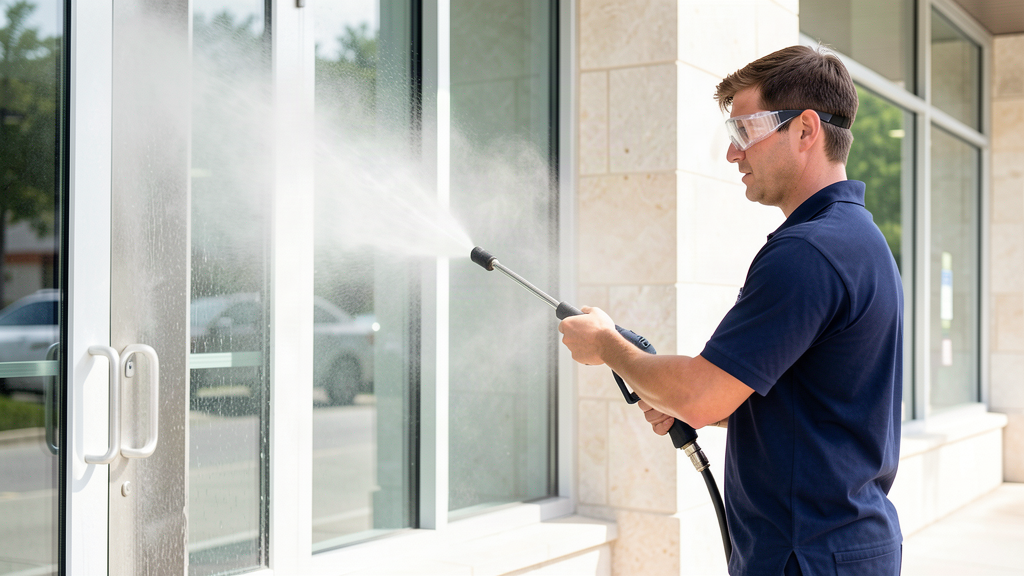 Commercial pressure washing of a building storefront entrance and glass facade